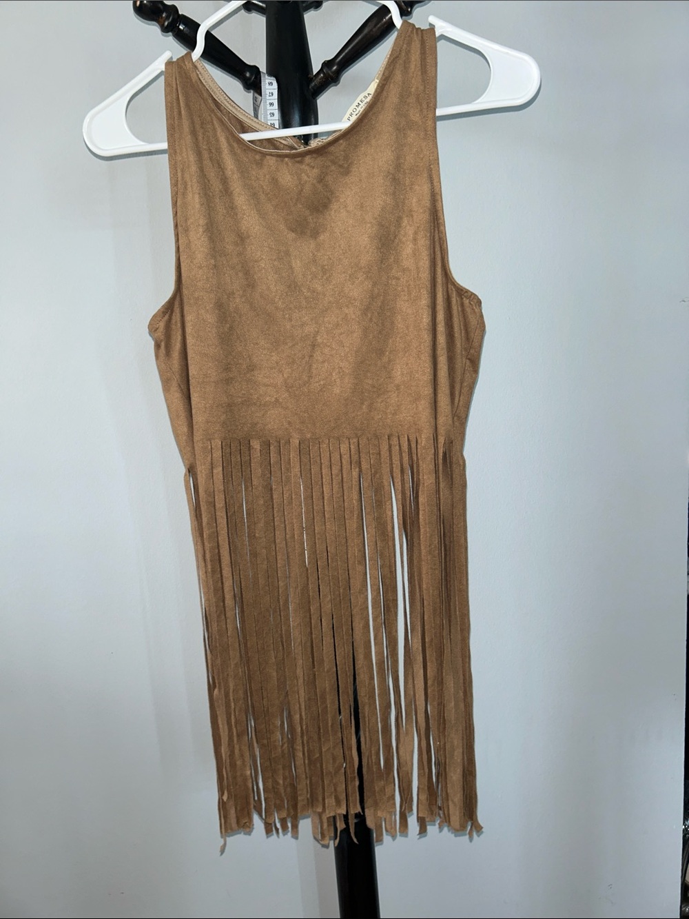 Fringe Suede-Look Sleeveless Dress in Tan